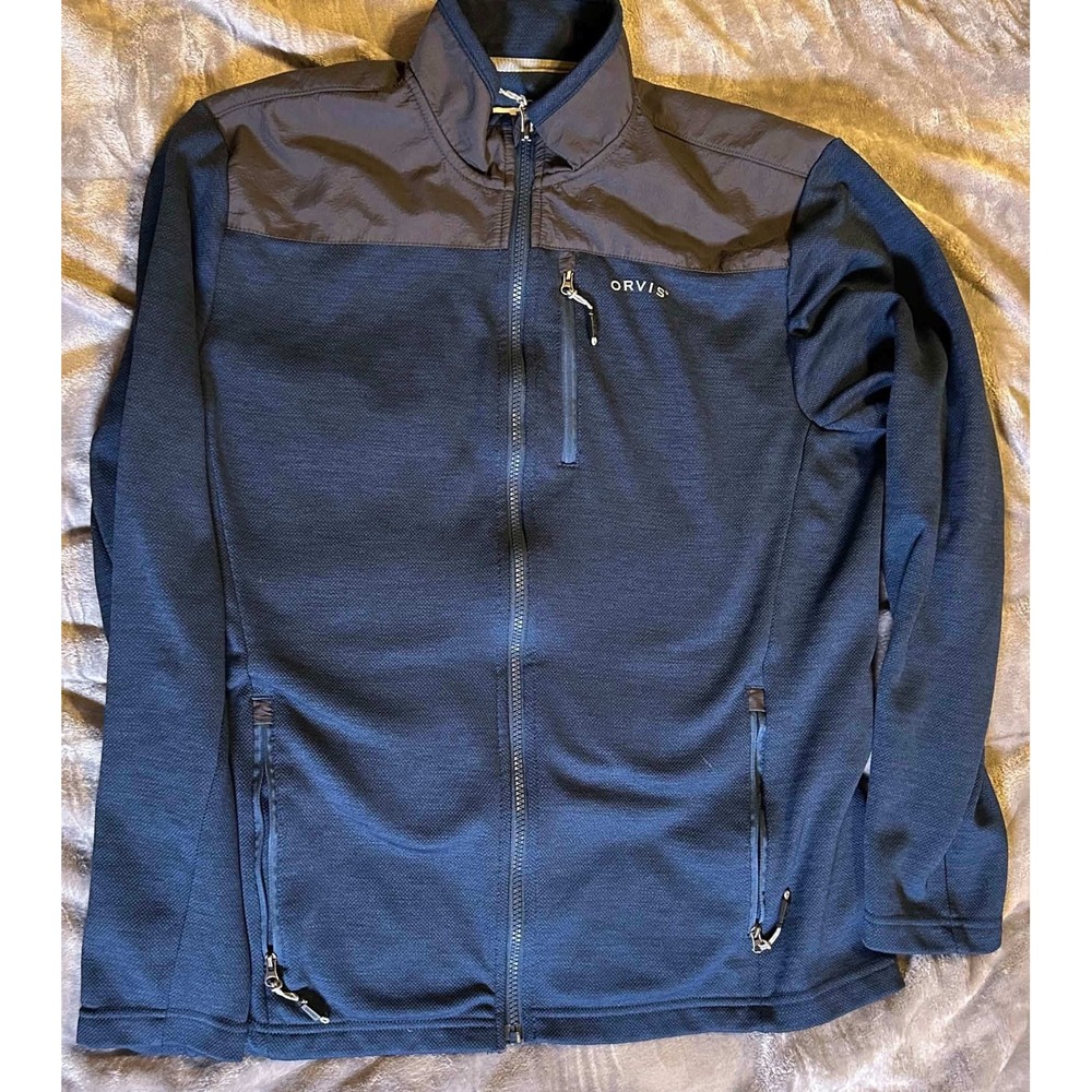 Orvis Mens Navy Blue Full Zip Fleece Jacket Grey Nylon Overlay Size Medium M